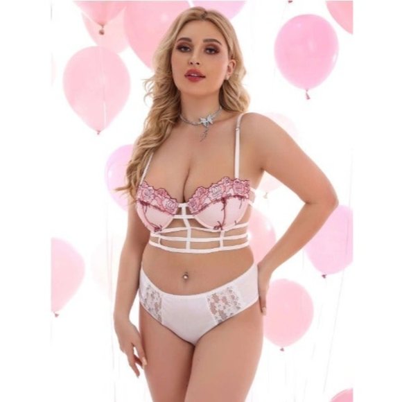 16 Plus Pink Flower Embroidery Hollow Out Underwire Bra 40F,40G,42D,42E,42F,44C, - Picture 6 of 6